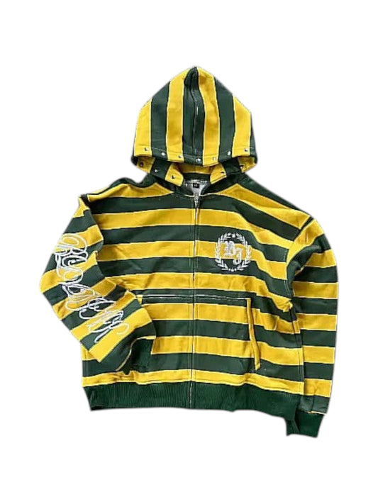 SwagArchieve green and yellow striped zip-up hoodie with embroidered graphics on sleeve and chest crest.