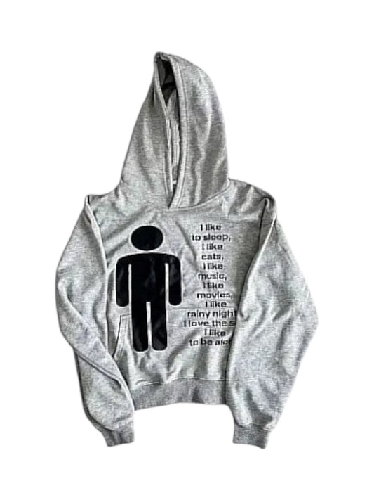 SwagArchieve grey cotton hoodie with black graphic of a stick figure and text listing simple pleasures like sleep, cats, music, movies, and rainy nights.